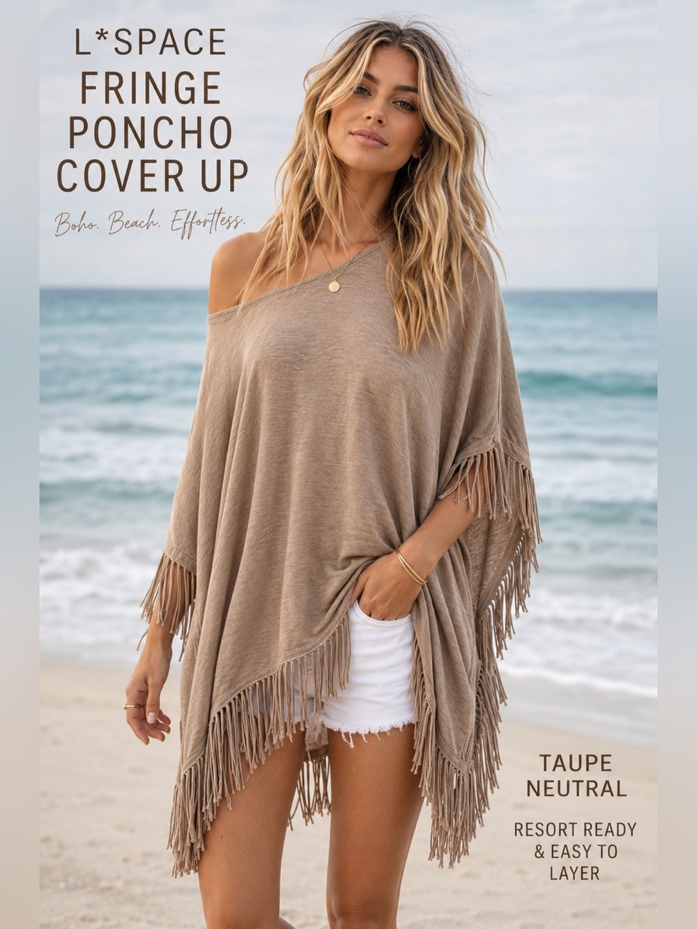 L*Space Taupe Fringe Poncho Cover Up Boho Beach Resort Swimwear M/L